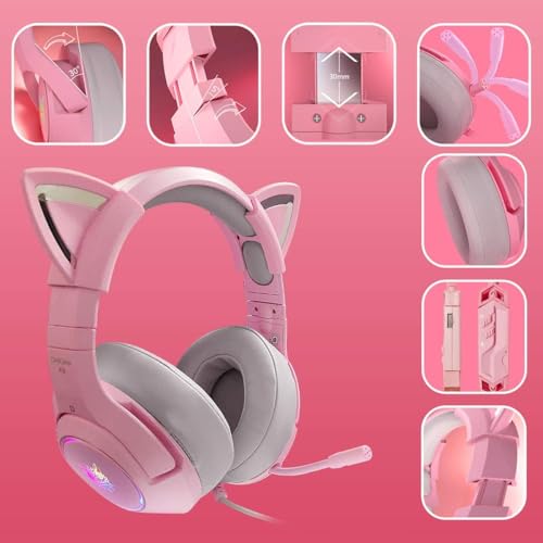 OHAANYY Gaming Headset für PS4,PS5,PC,Xbox One,Gamer Kopfhörer 7.1 Surround Sound Einstellbares Mikrofon,Kabelgebundenes Gaming Esport Headphones Katzenohr mit RGB LED Lichter (pink) Bild 7