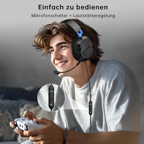 syndesmos Gaming Headset für PS5, PS4, PC, Xbox, Nintendo Switch, Headset mit Mikrofon, Stereo Surround Sound, Gaming Kopfhörer mit Kabel, 3,5mm Klinke, Over-Ear Kopfhörer mit Noise Cancelling, Blau Bild 4