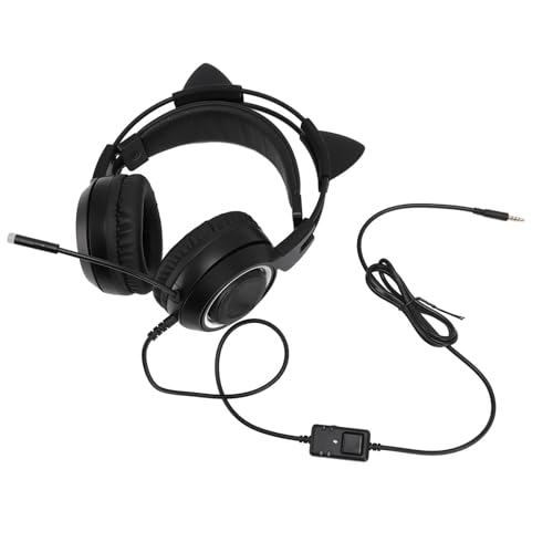Niedliches Gaming-Headset mit Katzenohren, 3,5 Mm Stereo-Rauschunterdrückung, Over-Ear-Kopfhörer mit Mikrofon für Mädchen, PC, Telefon, Plug-and-Play für Frauen (Schwarz) Bild 2