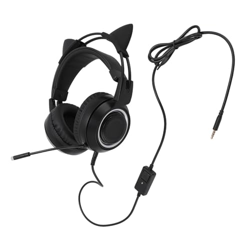 Niedliches Gaming-Headset mit Katzenohren, 3,5 Mm Stereo-Rauschunterdrückung, Over-Ear-Kopfhörer mit Mikrofon für Mädchen, PC, Telefon, Plug-and-Play für Frauen (Schwarz) Bild 3