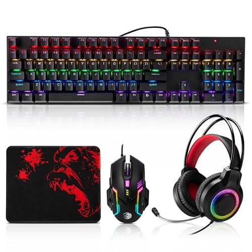 Mechanische Gaming-Tastatur, Maus und Mauspad und Gaming-Headset, kabelgebundenes LED-RGB-Hintergrundbeleuchtungs-Set für PC-Gamer und Xbox- und PS4-Benutzer – 4-in-1-Edition Bild 1