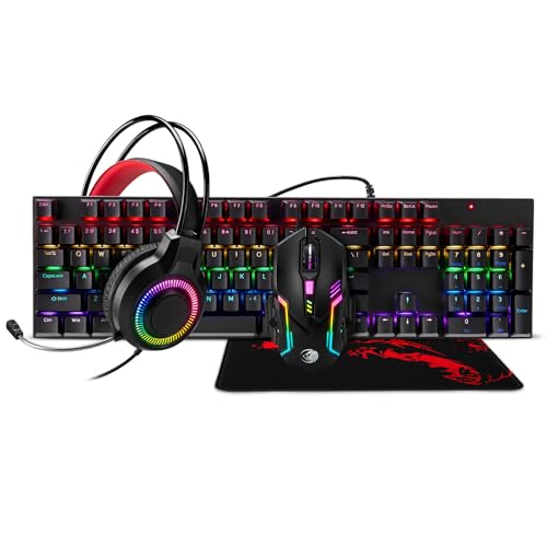 Mechanische Gaming-Tastatur, Maus und Mauspad und Gaming-Headset, kabelgebundenes LED-RGB-Hintergrundbeleuchtungs-Set für PC-Gamer und Xbox- und PS4-Benutzer – 4-in-1-Edition Bild 2