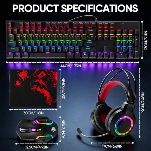 Mechanische Gaming-Tastatur, Maus und Mauspad und Gaming-Headset, kabelgebundenes LED-RGB-Hintergrundbeleuchtungs-Set für PC-Gamer und Xbox- und PS4-Benutzer – 4-in-1-Edition Bild 4