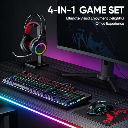 Mechanische Gaming-Tastatur, Maus und Mauspad und Gaming-Headset, kabelgebundenes LED-RGB-Hintergrundbeleuchtungs-Set für PC-Gamer und Xbox- und PS4-Benutzer – 4-in-1-Edition Bild 5