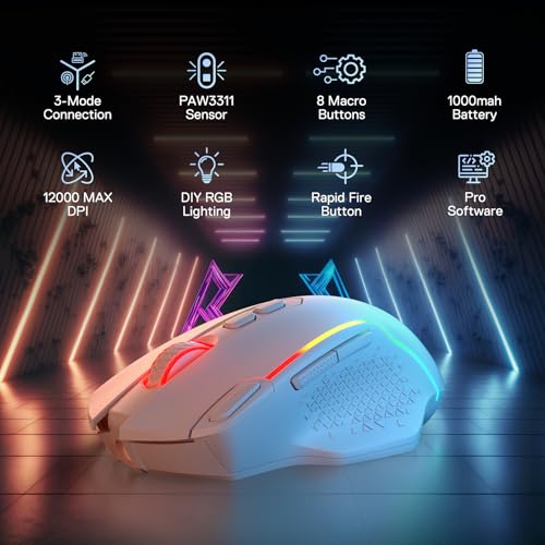 Redragon M810 MAX 3-Modi Wireless Gaming Maus, 12000 DPI, kabelgebundene/kabellose RGB-Maus mit Rapid Fire-Taste, 8 Makrotasten, 188 Stunden zuverlässige Stromversorgung für PC/Mac/Laptop Bild 2