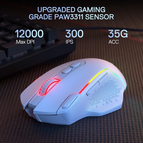 Redragon M810 MAX 3-Modi Wireless Gaming Maus, 12000 DPI, kabelgebundene/kabellose RGB-Maus mit Rapid Fire-Taste, 8 Makrotasten, 188 Stunden zuverlässige Stromversorgung für PC/Mac/Laptop Bild 5