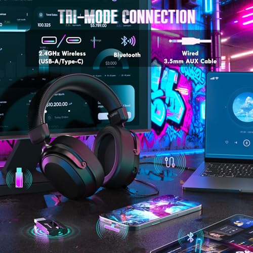 ATTACK SHARK L30PRO Kabelloses Gaming-Headset, 7.1 Surround Sound, EQ-Modi, 50-mm-Treiber, Tri-Modus, 1100-mAh-Akku, Over-Ear-Headset mit Abnehmbarem Noise-Cancelling-Mikrofon für PC - Schwarz Bild 2