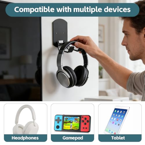 Headset Halterung, Kopfhörer Ständer, Faltbar Kopfhörerhalter, Universal Selbstklebend Kopfhörer Haken für Over Ear Kopfhörer, Gaming Headset Zubehör Bild 6