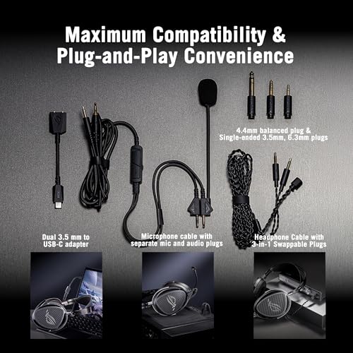 ASUS ROG Kithara Gaming-Headset (100-mm-HIFIMAN-Planar-Magnet-Treibern, Vollband-MEMS-Boom-Mikrofon, Zwei 3,5-mm-Eingängen, symmetrischer 4,4-mm-Anschluss, 3,5-mm- und 6,3-mm-Single-Ended-Steckern) Bild 6