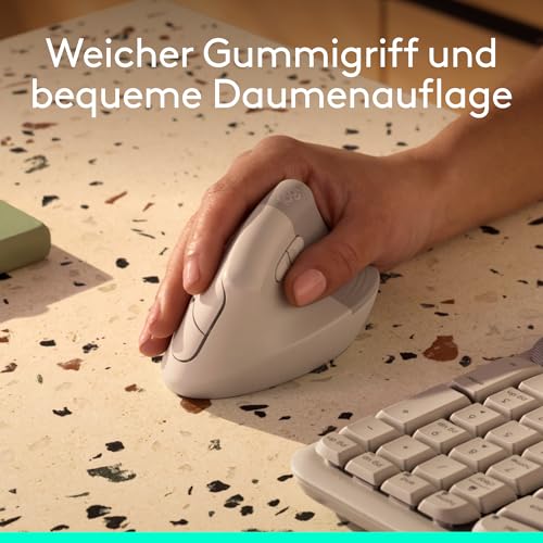 Logitech Lift Vertikale Ergonomische Maus, Kabellos, Bluetooth oder Logi Bolt USB-Empfänger, Leise Klicks, 4 Tasten, Kompatibel mit Windows/macOS/iPadOS, Laptop, PC - Sand Bild 2