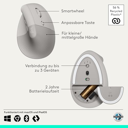 Logitech Lift Vertikale Ergonomische Maus, Kabellos, Bluetooth oder Logi Bolt USB-Empfänger, Leise Klicks, 4 Tasten, Kompatibel mit Windows/macOS/iPadOS, Laptop, PC - Sand Bild 6
