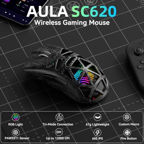 AULA SC620 Kabellose Gaming Maus,BT5.0/2.4G/USB-C,mit PixArt PAW3311-Sensor,12000DPI,8KHz,Feuertaste,7 Programmierbare Tasten,67g Leichtgewicht,400-mAh-Akku,RGB Gamer Maus für PC/Mac (Schwarz-L) Bild 2