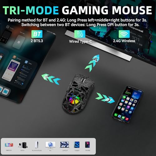 AULA SC620 Kabellose Gaming Maus,BT5.0/2.4G/USB-C,mit PixArt PAW3311-Sensor,12000DPI,8KHz,Feuertaste,7 Programmierbare Tasten,67g Leichtgewicht,400-mAh-Akku,RGB Gamer Maus für PC/Mac (Schwarz-L) Bild 3