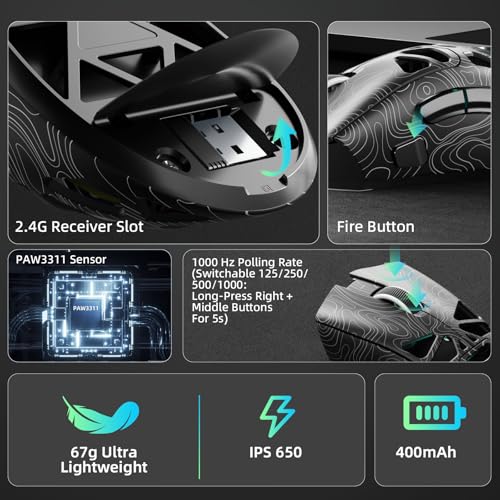 AULA SC620 Kabellose Gaming Maus,BT5.0/2.4G/USB-C,mit PixArt PAW3311-Sensor,12000DPI,8KHz,Feuertaste,7 Programmierbare Tasten,67g Leichtgewicht,400-mAh-Akku,RGB Gamer Maus für PC/Mac (Schwarz-L) Bild 5