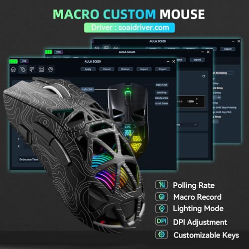 AULA SC620 Kabellose Gaming Maus,BT5.0/2.4G/USB-C,mit PixArt PAW3311-Sensor,12000DPI,8KHz,Feuertaste,7 Programmierbare Tasten,67g Leichtgewicht,400-mAh-Akku,RGB Gamer Maus für PC/Mac (Schwarz-L) Bild 6