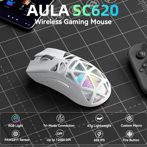 AULA SC620 Kabellose Gaming Maus,BT5.0/2.4G/USB-C,mit PixArt PAW3311-Sensor,12000DPI,8KHz,Feuertaste,7 Programmierbare Tasten,67g Leichtgewicht,400-mAh-Akku,RGB Gamer Maus für PC/Mac (Weiß) Bild 2