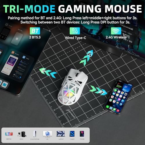 AULA SC620 Kabellose Gaming Maus,BT5.0/2.4G/USB-C,mit PixArt PAW3311-Sensor,12000DPI,8KHz,Feuertaste,7 Programmierbare Tasten,67g Leichtgewicht,400-mAh-Akku,RGB Gamer Maus für PC/Mac (Weiß) Bild 3