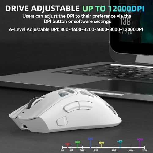 AULA SC620 Kabellose Gaming Maus,BT5.0/2.4G/USB-C,mit PixArt PAW3311-Sensor,12000DPI,8KHz,Feuertaste,7 Programmierbare Tasten,67g Leichtgewicht,400-mAh-Akku,RGB Gamer Maus für PC/Mac (Weiß) Bild 4