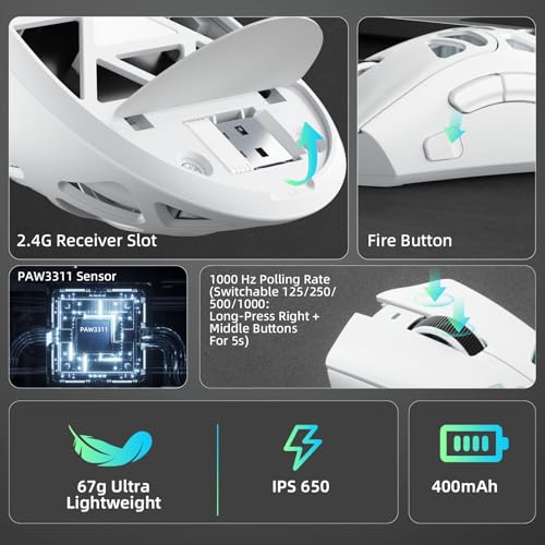 AULA SC620 Kabellose Gaming Maus,BT5.0/2.4G/USB-C,mit PixArt PAW3311-Sensor,12000DPI,8KHz,Feuertaste,7 Programmierbare Tasten,67g Leichtgewicht,400-mAh-Akku,RGB Gamer Maus für PC/Mac (Weiß) Bild 5