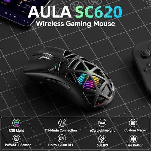 AULA SC620 Kabellose Gaming Maus,BT5.0/2.4G/USB-C,mit PixArt PAW3311-Sensor,12000DPI,8KHz,Feuertaste,7 Programmierbare Tasten,67g Leichtgewicht,400-mAh-Akku,RGB Gamer Maus für PC/Mac (Schwarz) Bild 2