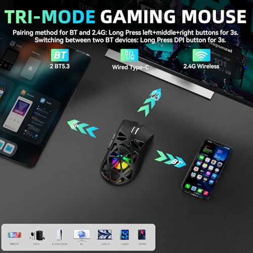 AULA SC620 Kabellose Gaming Maus,BT5.0/2.4G/USB-C,mit PixArt PAW3311-Sensor,12000DPI,8KHz,Feuertaste,7 Programmierbare Tasten,67g Leichtgewicht,400-mAh-Akku,RGB Gamer Maus für PC/Mac (Schwarz) Bild 3