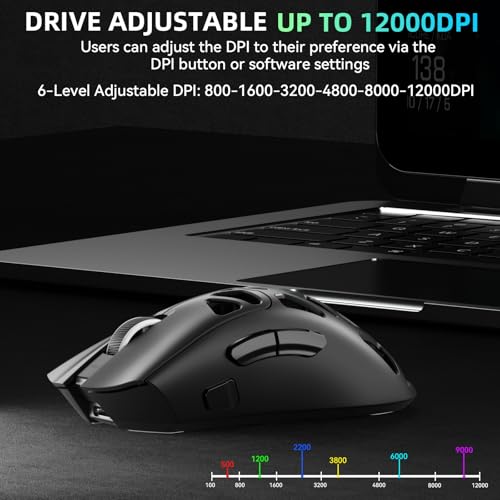 AULA SC620 Kabellose Gaming Maus,BT5.0/2.4G/USB-C,mit PixArt PAW3311-Sensor,12000DPI,8KHz,Feuertaste,7 Programmierbare Tasten,67g Leichtgewicht,400-mAh-Akku,RGB Gamer Maus für PC/Mac (Schwarz) Bild 4