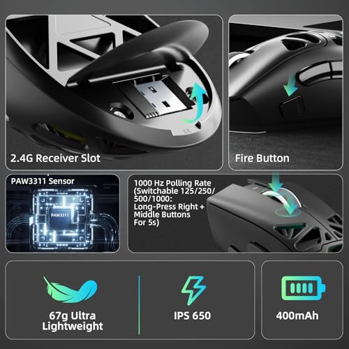 AULA SC620 Kabellose Gaming Maus,BT5.0/2.4G/USB-C,mit PixArt PAW3311-Sensor,12000DPI,8KHz,Feuertaste,7 Programmierbare Tasten,67g Leichtgewicht,400-mAh-Akku,RGB Gamer Maus für PC/Mac (Schwarz) Bild 5