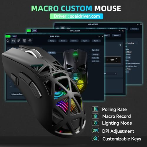 AULA SC620 Kabellose Gaming Maus,BT5.0/2.4G/USB-C,mit PixArt PAW3311-Sensor,12000DPI,8KHz,Feuertaste,7 Programmierbare Tasten,67g Leichtgewicht,400-mAh-Akku,RGB Gamer Maus für PC/Mac (Schwarz) Bild 6