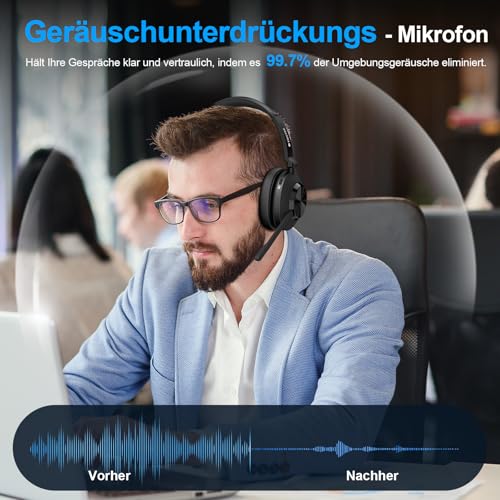 Voistek Kabelloses Bluetooth Headset mit Mikrofon & Rauschunterdrückung, USB Dongle für PC, Ladestation und Mikrofon Stummschaltung für Büro, Meeting, Call Center, Homeoffice, Computer, Schwarz Bild 3
