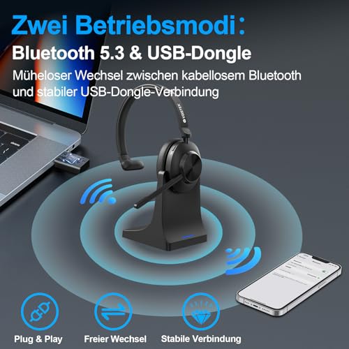 Voistek Kabelloses Bluetooth Headset mit Mikrofon & Rauschunterdrückung, USB Dongle für PC, Ladestation und Mikrofon Stummschaltung für Büro, Meeting, Call Center, Homeoffice, Computer, Schwarz Bild 4