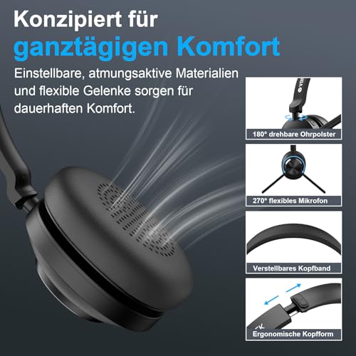 Voistek Kabelloses Bluetooth Headset mit Mikrofon & Rauschunterdrückung, USB Dongle für PC, Ladestation und Mikrofon Stummschaltung für Büro, Meeting, Call Center, Homeoffice, Computer, Schwarz Bild 6