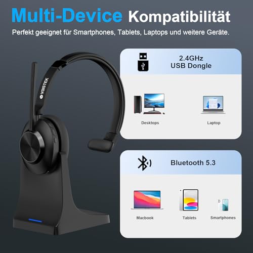 Voistek Kabelloses Bluetooth Headset mit Mikrofon & Rauschunterdrückung, USB Dongle für PC, Ladestation und Mikrofon Stummschaltung für Büro, Meeting, Call Center, Homeoffice, Computer, Schwarz Bild 7