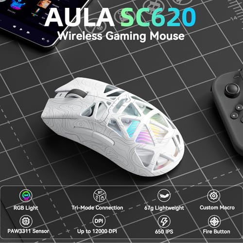 AULA SC620 Kabellose Gaming Maus,BT5.0/2.4G/USB-C,mit PixArt PAW3311-Sensor,12000DPI,8KHz,Feuertaste,7 Programmierbare Tasten,67g Leichtgewicht,400-mAh-Akku,RGB Gamer Maus für PC/Mac (Weiß-L) Bild 2