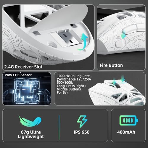 AULA SC620 Kabellose Gaming Maus,BT5.0/2.4G/USB-C,mit PixArt PAW3311-Sensor,12000DPI,8KHz,Feuertaste,7 Programmierbare Tasten,67g Leichtgewicht,400-mAh-Akku,RGB Gamer Maus für PC/Mac (Weiß-L) Bild 5