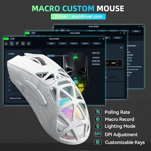 AULA SC620 Kabellose Gaming Maus,BT5.0/2.4G/USB-C,mit PixArt PAW3311-Sensor,12000DPI,8KHz,Feuertaste,7 Programmierbare Tasten,67g Leichtgewicht,400-mAh-Akku,RGB Gamer Maus für PC/Mac (Weiß-L) Bild 6