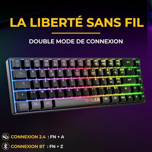 The G-Lab Keyz Hydrogen WL Gaming-Tastatur, kabellos, 60% AZERTY, Triple Modus, 2,4 GHz, Bluetooth, kabelgebunden, leise, RGB-Gaming-Tastatur, PC, PS4, PS5, Schwarz Bild 4