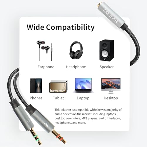 Yinyoo KBEAR KA01 Kopfhörer Splitter 3.5mm Klinkenbuchse auf Zwei 3.5mm Klinkenstecker Audio Mikrofon Adapter Kompatibel mit PC Gaming Headset/Ohrhörern/Lautsprechern/Laptop/PS5/PS4 Bild 6