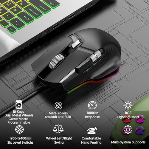 LICAEVEY RGB-Gaming-Maus, Ergonomische Kabelgebundene Maus mit 11 Programmierbaren Tasten und Zwei Scrollrädern, 1200–12400 Einstellbare DPI für PC-Gaming-FPS-Spiele Bild 2