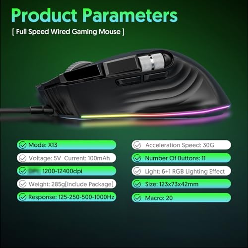 LICAEVEY RGB-Gaming-Maus, Ergonomische Kabelgebundene Maus mit 11 Programmierbaren Tasten und Zwei Scrollrädern, 1200–12400 Einstellbare DPI für PC-Gaming-FPS-Spiele Bild 3