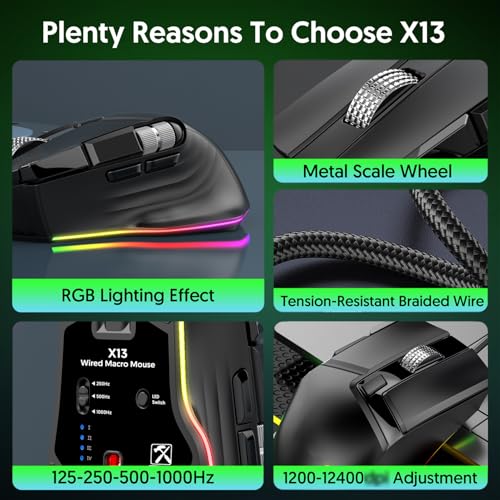 LICAEVEY RGB-Gaming-Maus, Ergonomische Kabelgebundene Maus mit 11 Programmierbaren Tasten und Zwei Scrollrädern, 1200–12400 Einstellbare DPI für PC-Gaming-FPS-Spiele Bild 6