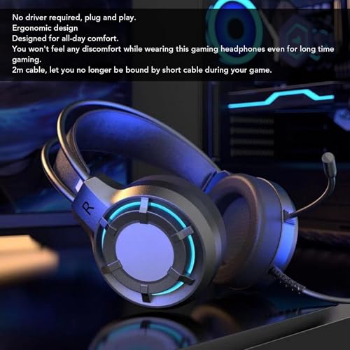 Gaming Headset mit RGB-Leuchten und Mikrofon, USB PC Kabelgebundenes Over-Ear Gaming Headset, 2m Kabel, Aktive Geräuschreduzierung, Plug und Play für Laptop, Desktop (Schwarz) Bild 3