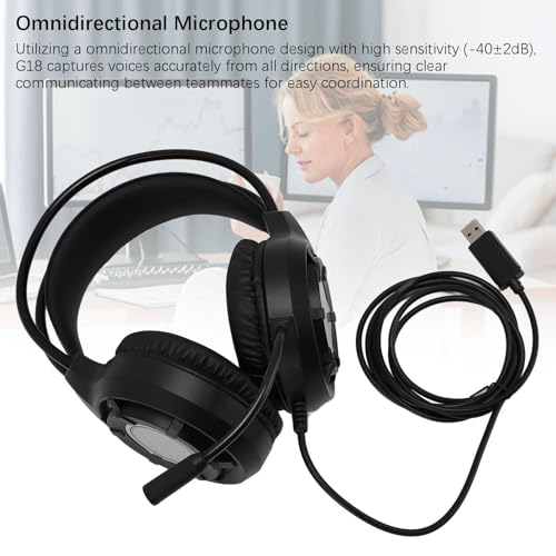 Gaming Headset mit RGB-Leuchten und Mikrofon, USB PC Kabelgebundenes Over-Ear Gaming Headset, 2m Kabel, Aktive Geräuschreduzierung, Plug und Play für Laptop, Desktop (Schwarz) Bild 4