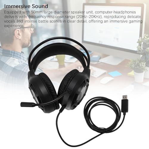 Gaming Headset mit RGB-Leuchten und Mikrofon, USB PC Kabelgebundenes Over-Ear Gaming Headset, 2m Kabel, Aktive Geräuschreduzierung, Plug und Play für Laptop, Desktop (Schwarz) Bild 5