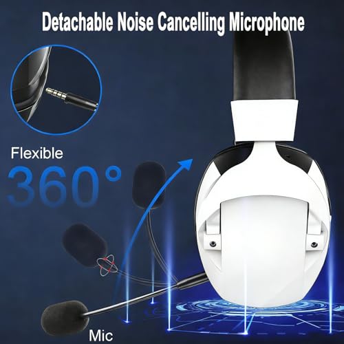 Gaming-Headset BT 5.4-Kopfhörer, 2,4 GHz Over-Ear-Wireless-Gaming-Headset mit Geräuschunterdrückung, RGB-Licht, Surround-Sound-Kopfhörer für Anrufe Reisen Fitnessstudio (Schwarz und weiß) Bild 2
