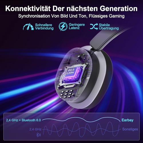 Earbay 2.4GHz Wireless Gaming Headset für PS5/PS4, Switch – Lossless Audio & 6.0 Bluetooth Headset mit klappbarem mikrofon, 40 Std. Akkulaufzeit, RGB Transmitter Basis, kompatibel mit Xbox & Laptop Bild 3