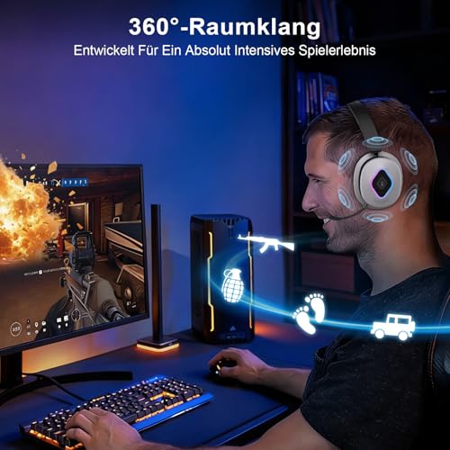 Earbay 2.4GHz Wireless Gaming Headset für PS5/PS4, Switch – Lossless Audio & 6.0 Bluetooth Headset mit klappbarem mikrofon, 40 Std. Akkulaufzeit, RGB Transmitter Basis, kompatibel mit Xbox & Laptop Bild 4
