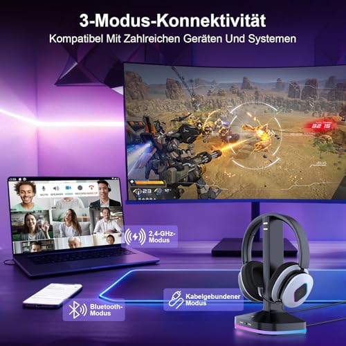 Earbay 2.4GHz Wireless Gaming Headset für PS5/PS4, Switch – Lossless Audio & 6.0 Bluetooth Headset mit klappbarem mikrofon, 40 Std. Akkulaufzeit, RGB Transmitter Basis, kompatibel mit Xbox & Laptop Bild 5