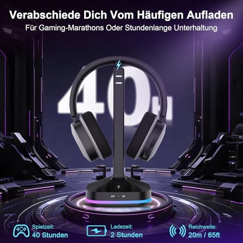 Earbay 2.4GHz Wireless Gaming Headset für PS5/PS4, Switch – Lossless Audio & 6.0 Bluetooth Headset mit klappbarem mikrofon, 40 Std. Akkulaufzeit, RGB Transmitter Basis, kompatibel mit Xbox & Laptop Bild 6