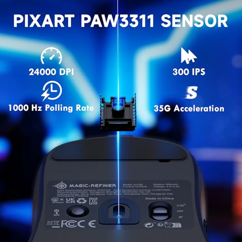 MAGIC-REFINER AJ199 49g ULTRALEICHTE Kabellose Gaming-Maus, PAW3311 Sensor, Aktualisierter BK3633 MCU, 24KDPI Einstellbar, 1000Hz, BT/2.4G/Kabelgebunden, Aufladbar 600mAh, für PC/Win/Mac, Schwarz Bild 5
