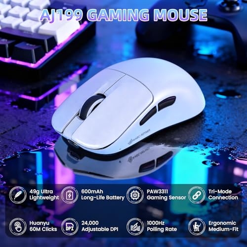 ZIYOU LANG×MAGIC-REFINER AJ199 Kabellose Gaming Maus Leicht, 49g Tri-Modus 2.4G/BT/Kabel, PixArt PAW3311, 24000 DPI, 1000Hz, 600mAh Wiederaufladbare Gamer Maus für PC/Mac/Laptop - Weiß Bild 2